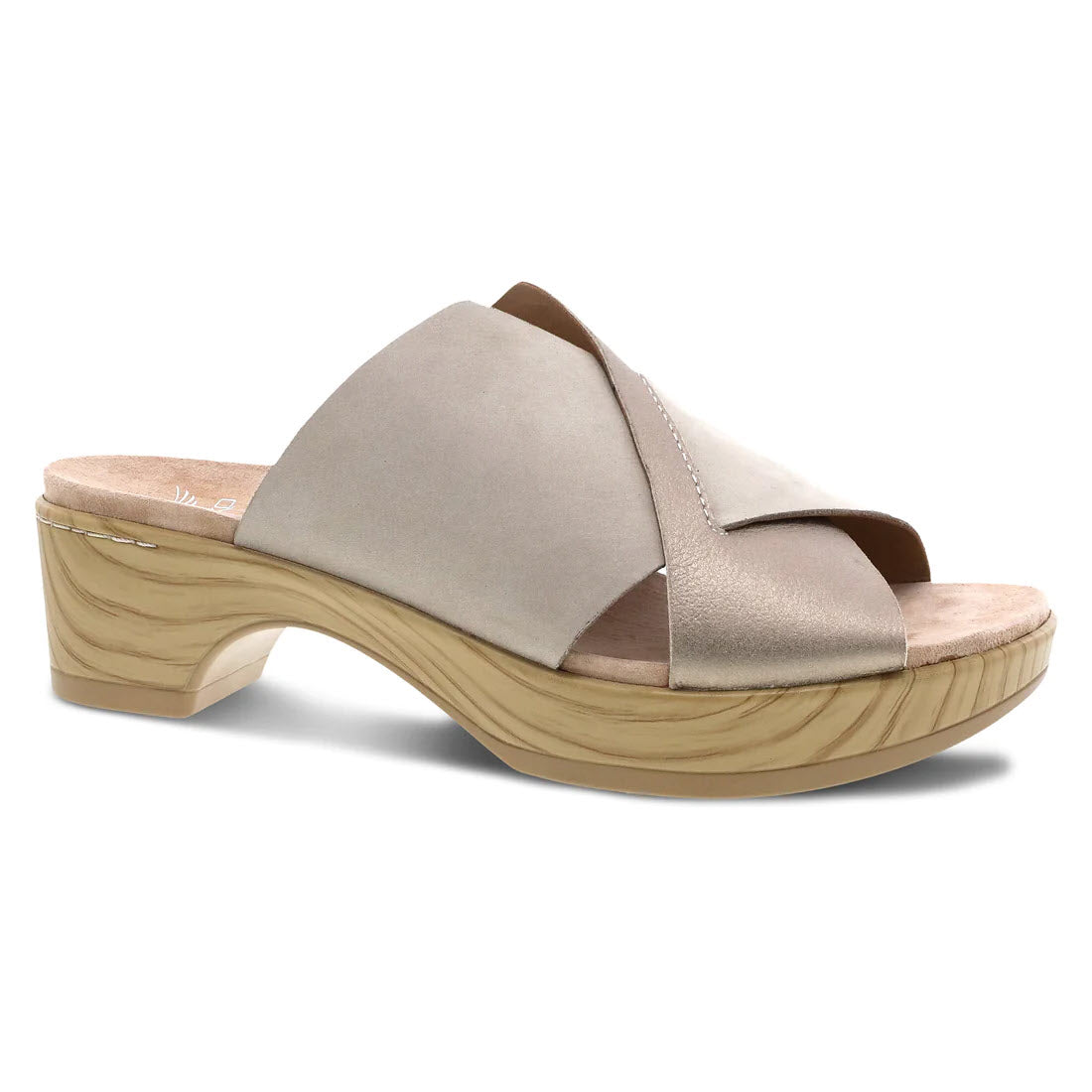 A beige leather slide sandal with a wide band and a wooden platform heel, isolated on a white background, Dansko Miri Sand Multi - Womens.