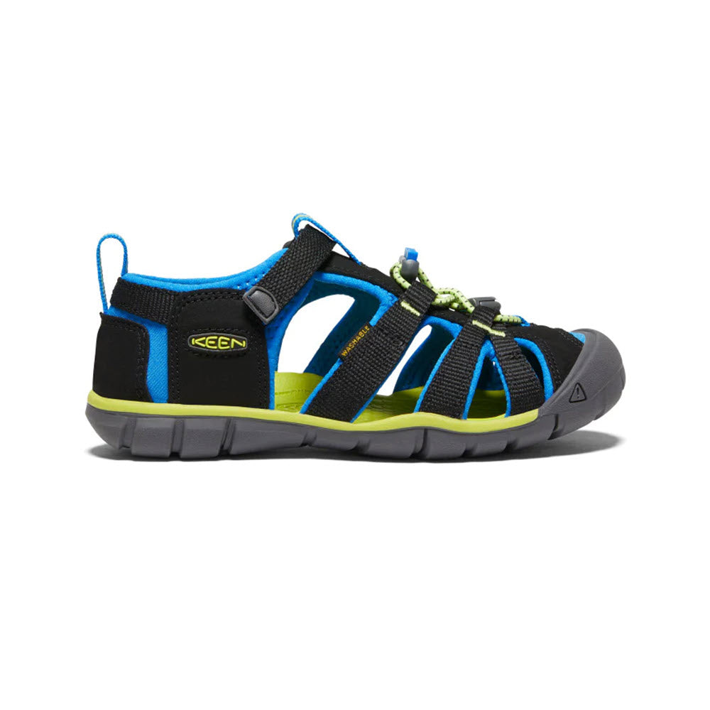 A single Keen® Kids Seacamp II CNX sandal featuring a black and blue design with strappy upper and sturdy sole, displayed against a white background.