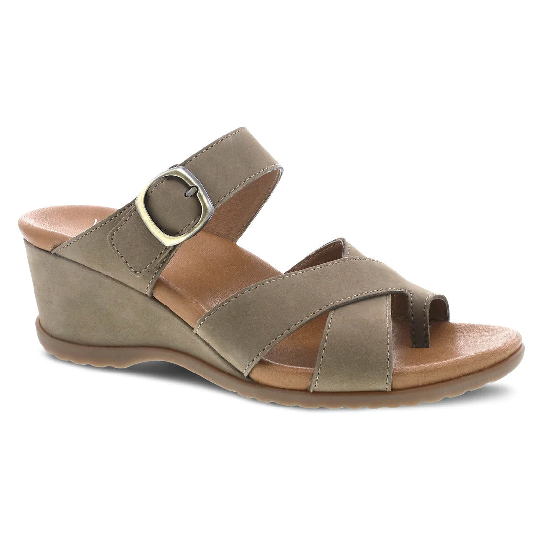 Dansko olive green open back women’s sandal with a wedge heel, multiple straps, and a circular buckle on the side.