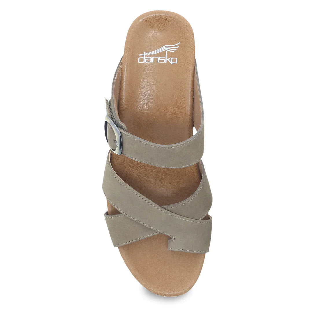 A top view of a gray Dansko Aubree Taupe Nubuck sandal with two straps and a circular buckle, featuring nubuck uppers.
