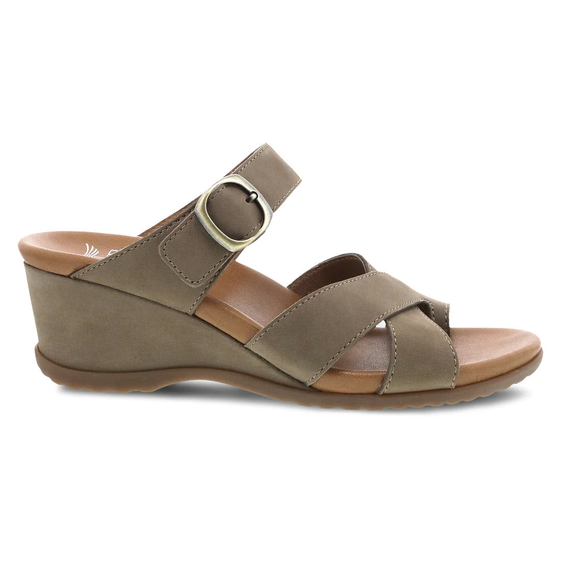 A single DANSKO AUBREE TAUPE NUBUCK - WOMENS open back wedge sandal with nubuck uppers, multiple straps, and a buckle closure, isolated on a white background.