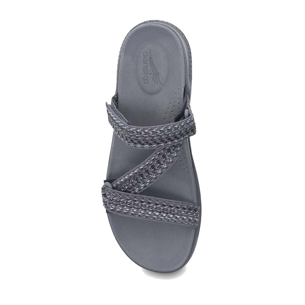 Top view of a Dansko Rosette Grey Multi - Womens slide sandal with braided straps, displayed on a white background.