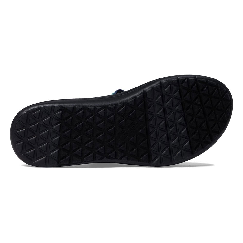A black sneaker with a patterned sole made from REPREVE polyester yarn, displayed in a profile view against a white background.