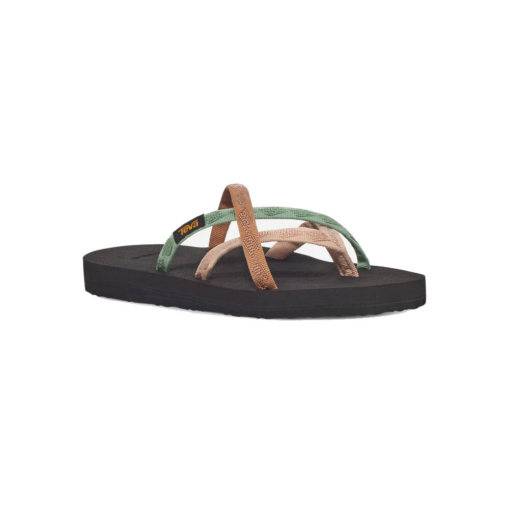 A single Teva sandal with a black sole and multicolored straps, isolated on a white background.