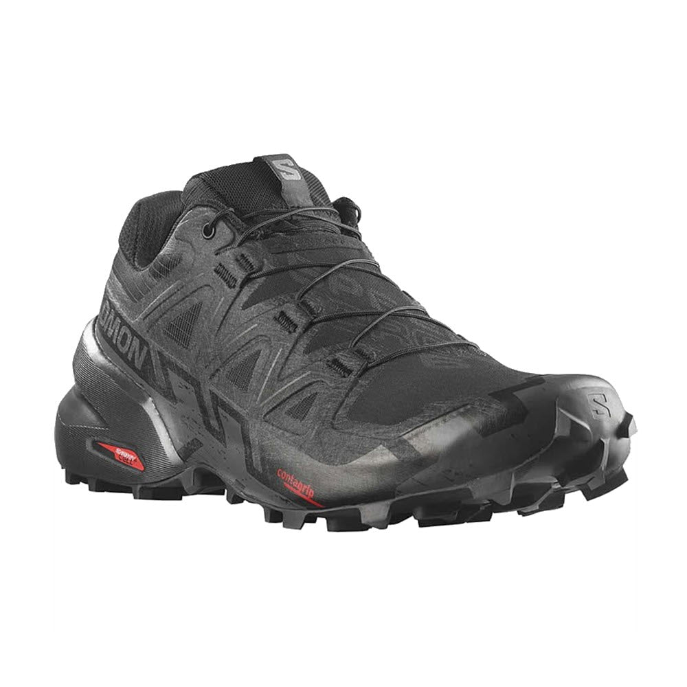A single black and gray Salomon Speedcross 6 trail running shoe with red accents and contagrip sole, displayed on a white background.