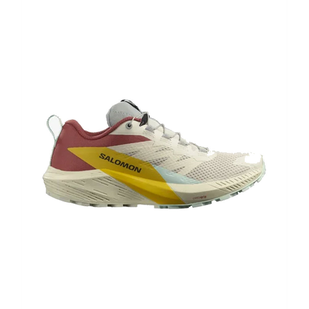 White and red Salomon SENSE RIDE 5 RAINY DAY - WOMENS trail shoe with yellow accents, displayed against a white background.