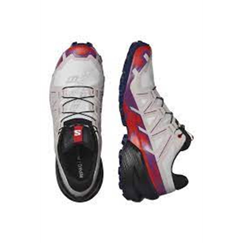 A pair of white Salomon SPEEDCROSS 6 trail running shoes with black and purple accents, displayed from above showing the top and side profiles.