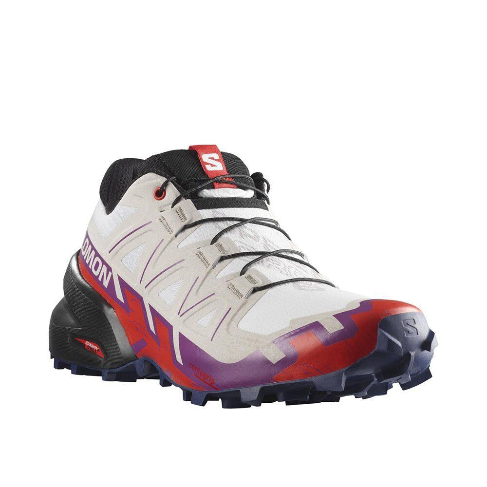 A Salomon SALOMON SPEEDCROSS 6 WHITE/SPARKLING GRAPE - WOMENS hiking boot in white, red, and purple with a trail-running sole design and quick lace system.