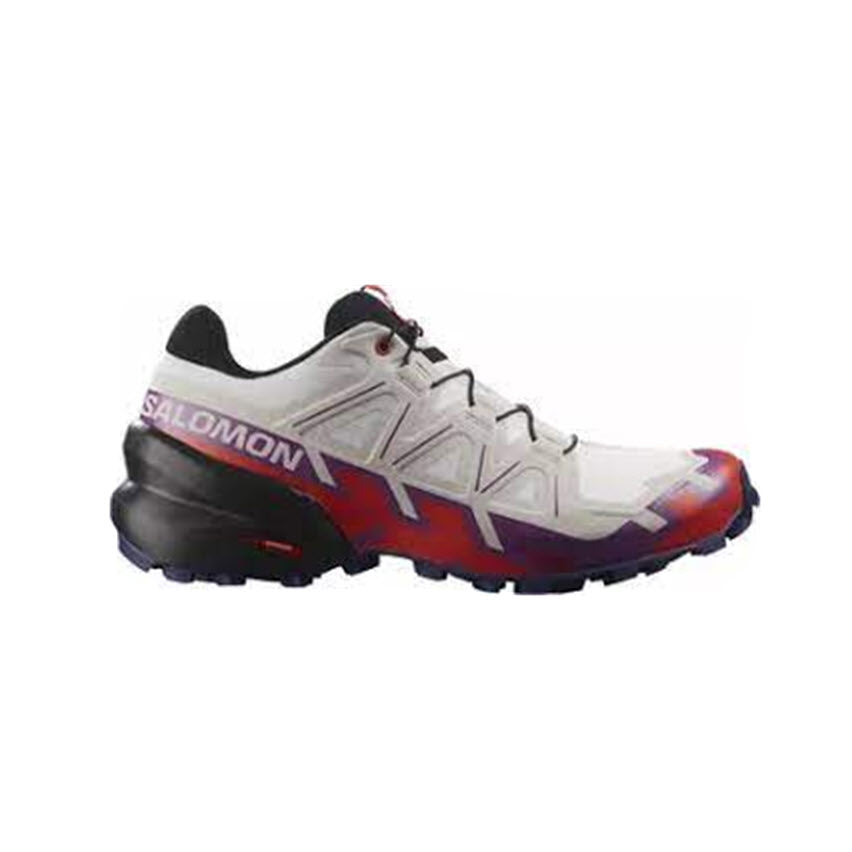 A single Salomon SALOMON SPEEDCROSS 6 WHITE/SPARKLING GRAPE trail running shoe with a white and red design on a white background.