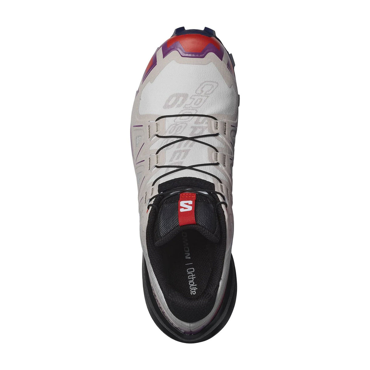 Top view of a gray, white, and purple Salomon SPEEDCROSS 6 trail running shoe with black laces and visible brand logos.