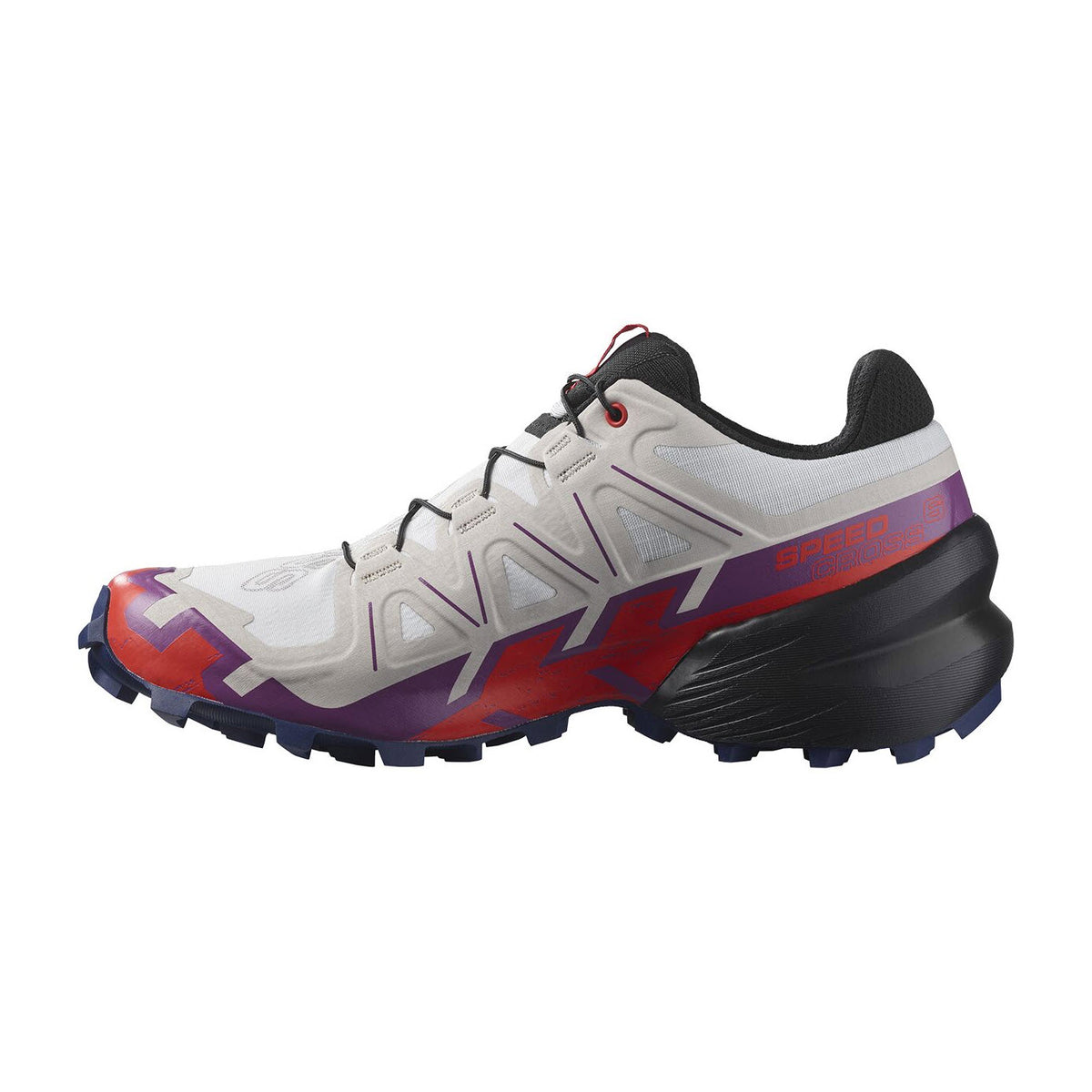 A single white Salomon SPEEDCROSS 6 trail running shoe with purple and red accents, featuring a rugged sole and quick lace system.