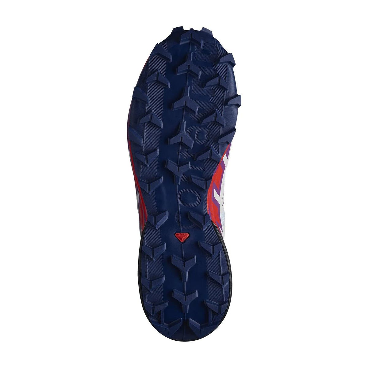 Bottom view of a blue Salomon Speedcross 6 sports shoe sole with distinct tread patterns and red accents, designed for mud evacuation.