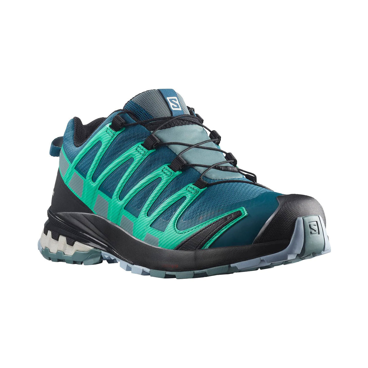 A blue and green Salomon XA Pro 3D V8 GTX LEGION BLUE Shoe with reinforced toe cap and rugged Contragrip outsole.