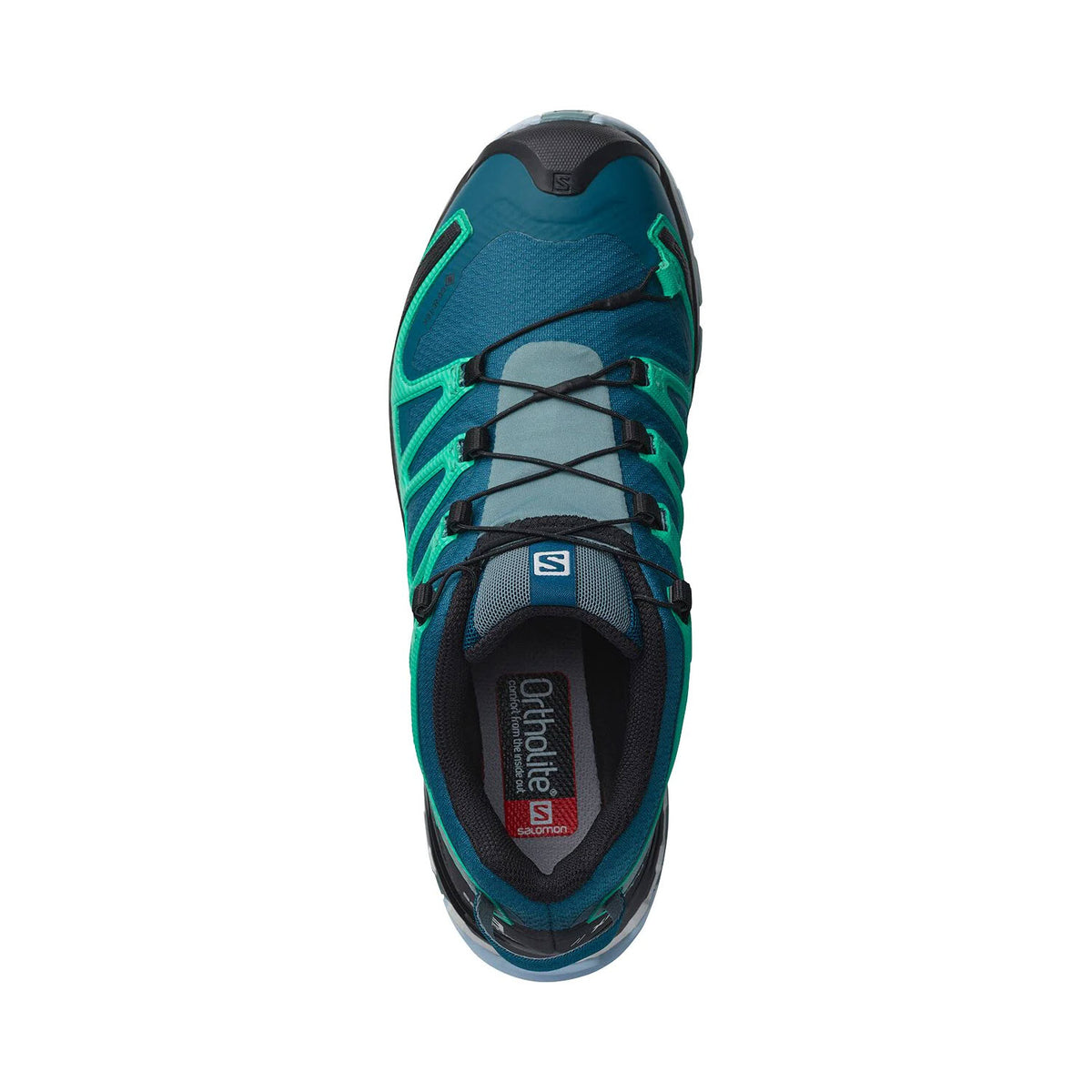 Top view of a blue and green Salomon XA Pro 3D V8 GTX Legion Blue shoe with black laces, isolated on a white background.
