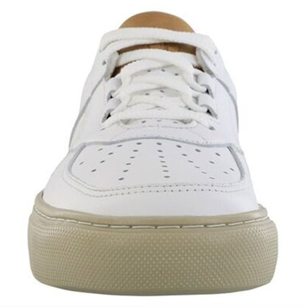 Front view of a white SAS sneaker with an EZ lace system.