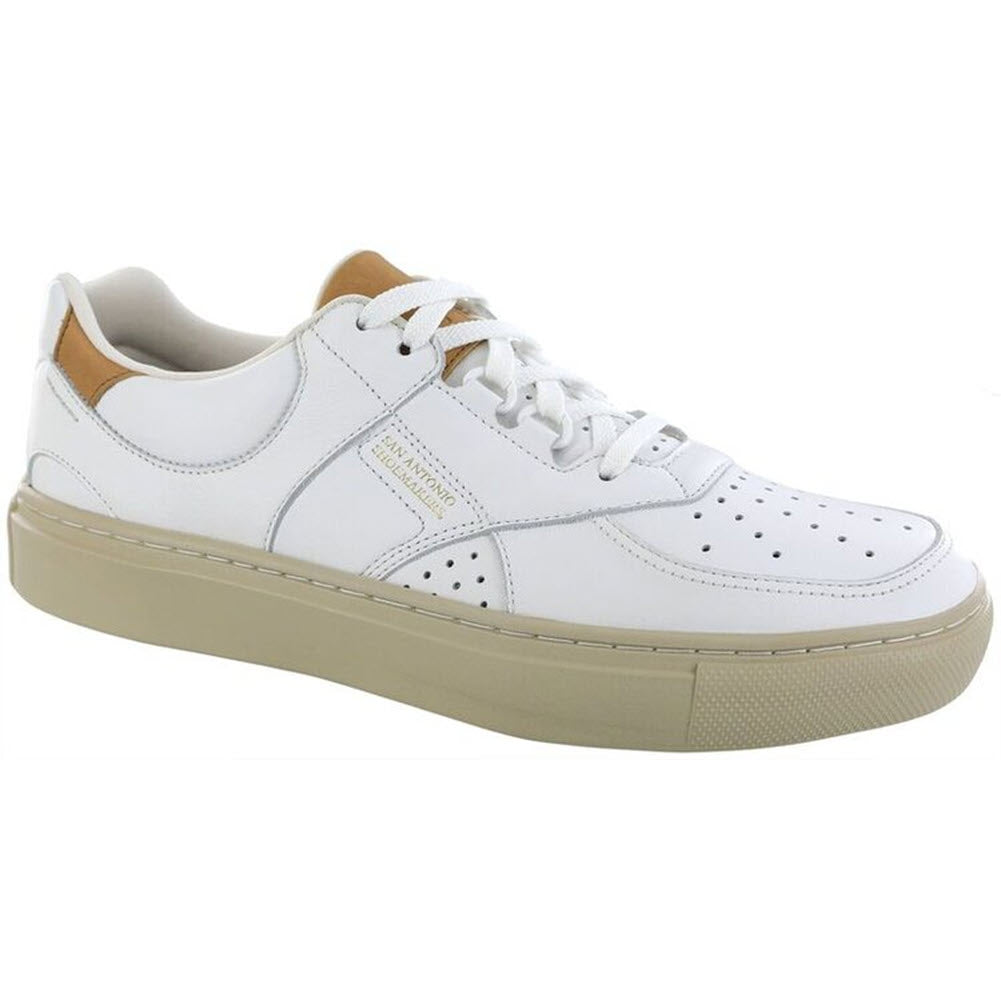 SAS White low-top comfort shoes with perforations, EZ lace system, and tan sole and heel cap.