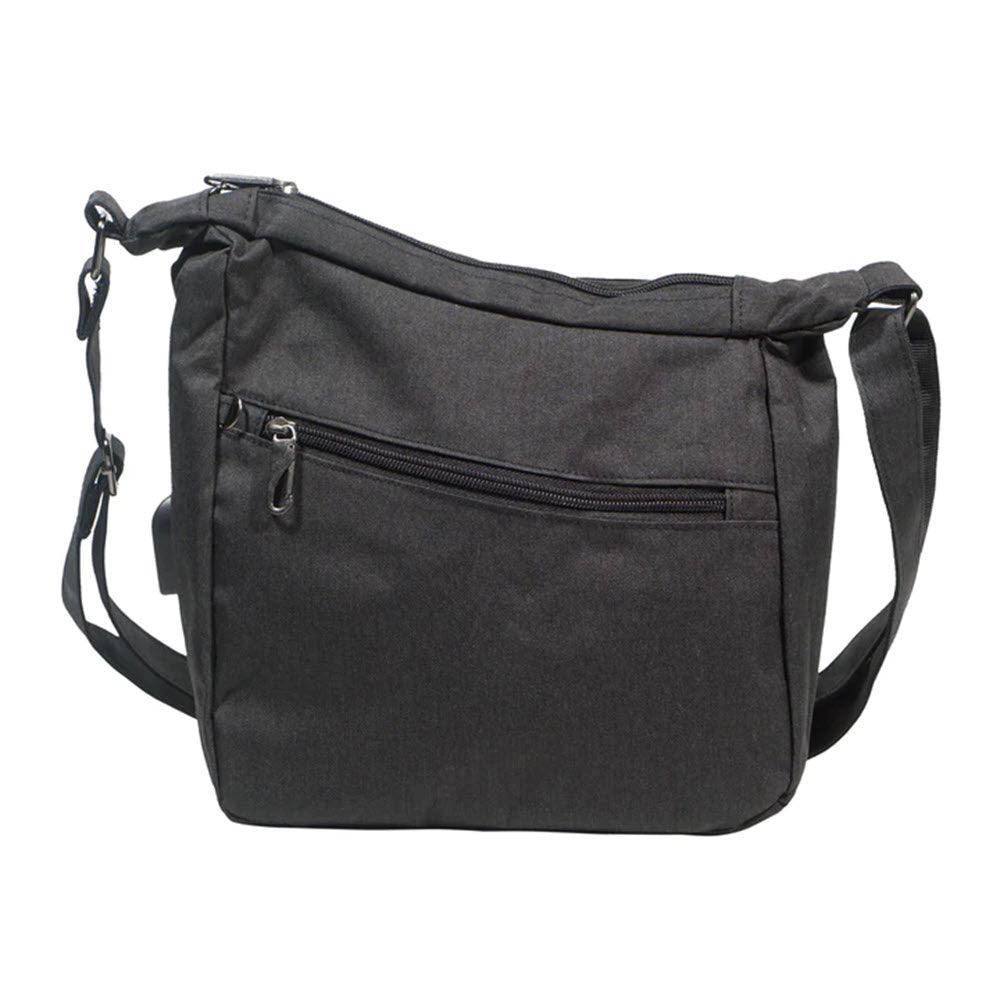 CALLA Antitheft Crossbody Bag Black with an adjustable strap and external zip pocket, isolated on a white background.