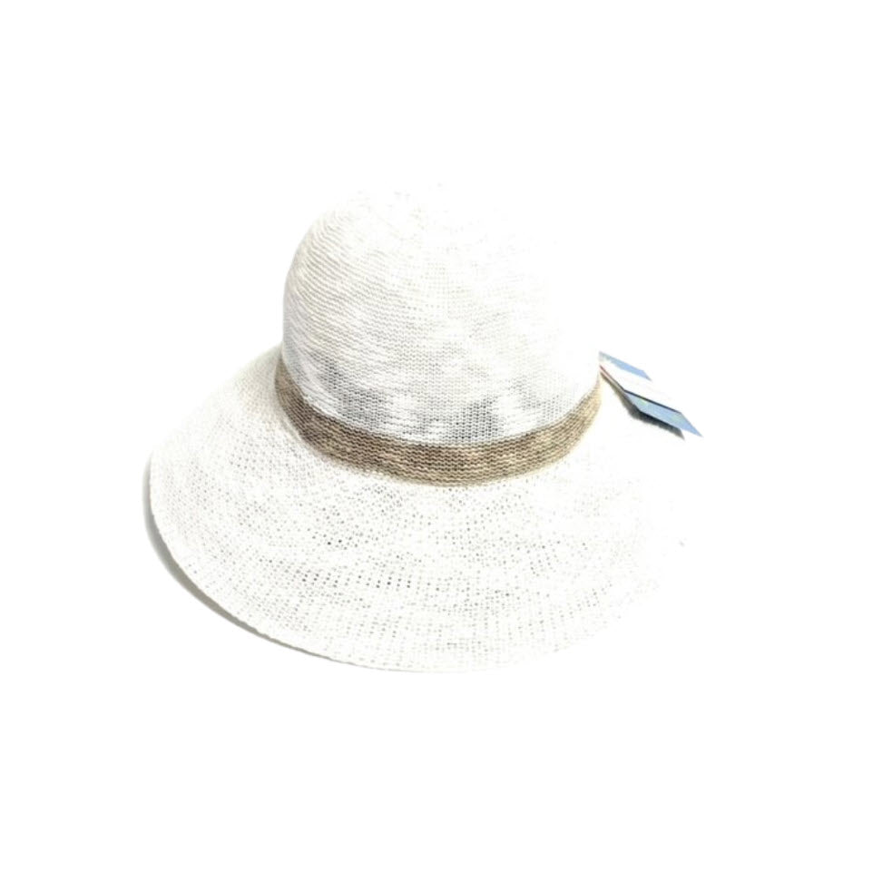 White SHIHREEN BRIM HAT WITH STRIPE CREAM fedora hat with a gray stripe band, isolated on a white background.