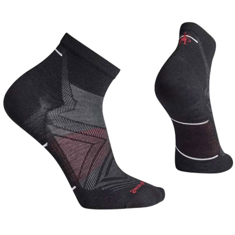 A pair of high-performance Smartwool Run Zero Cushion Ankle Socks with reinforced areas and Shred Shield technology, featuring moisture-wicking fabric.