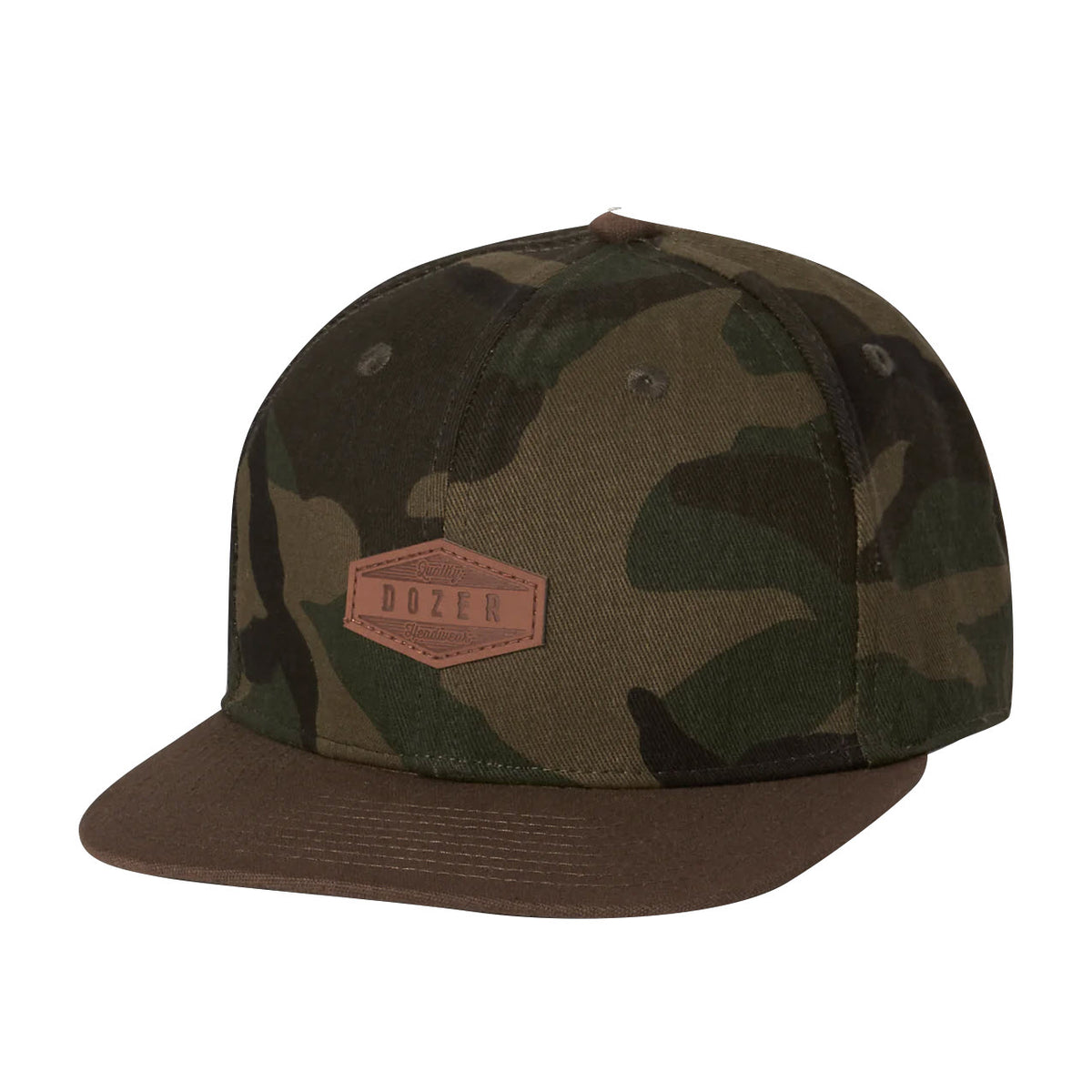 Flat-brimmed camouflage cap with a faux leather Dozer patch on the front, isolated on a white background. - 
DOZER KRISTIAN TRUCKER HAT CAMO by Millymook/Dozer