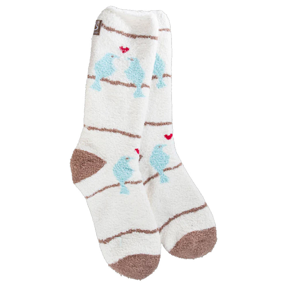A pair of Worlds Softest Cozy Crew Socks Love Birds - Womens, with blue and brown bird designs and small red hearts, displayed on a plain background.
