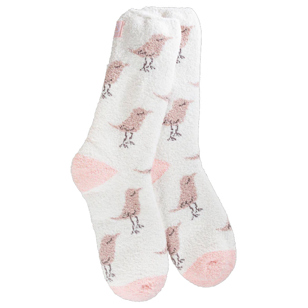A pair of Worlds Softest Cozy Crew Socks Im-Peck-able - Womens with pink and gray bird patterns and pink polka dots.