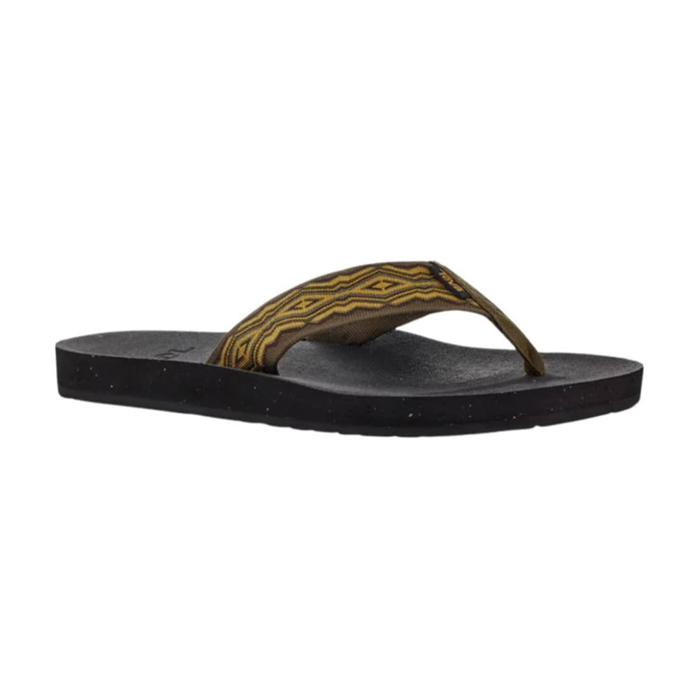 A single sustainably minded Teva REFLIP Quincy Dark Olive flip-flop with a black sole and a patterned brown and yellow strap, isolated on a white background.