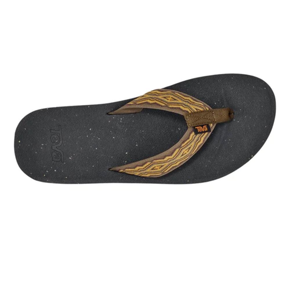A single TEVA REFLIP QUINCY DARK OLIVE - MENS flip-flop with a black sole and a patterned brown and yellow sustainably minded sandal fabric strap, displaying a visible Teva logo.