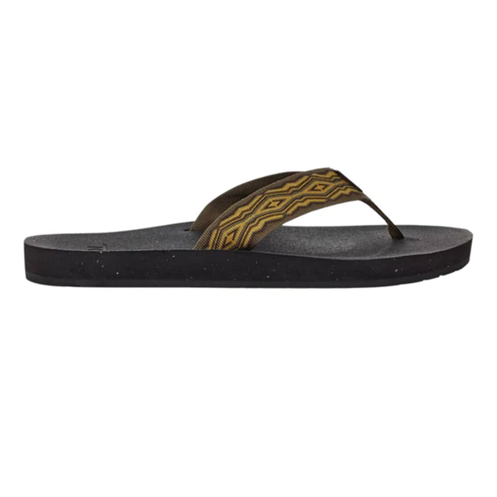 A single Teva flip-flop with a brown strap featuring a yellow and black geometric pattern, isolated on a white background. This iconic travel sandal is designed for both style and comfort.