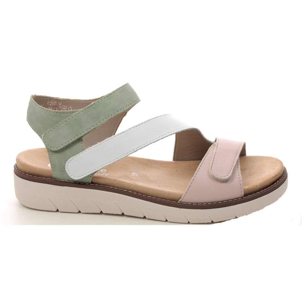 A pair of women's sandals with a thick, white sole and three pastel-colored velcro straps featuring a Remonte insole, displayed against a white background.