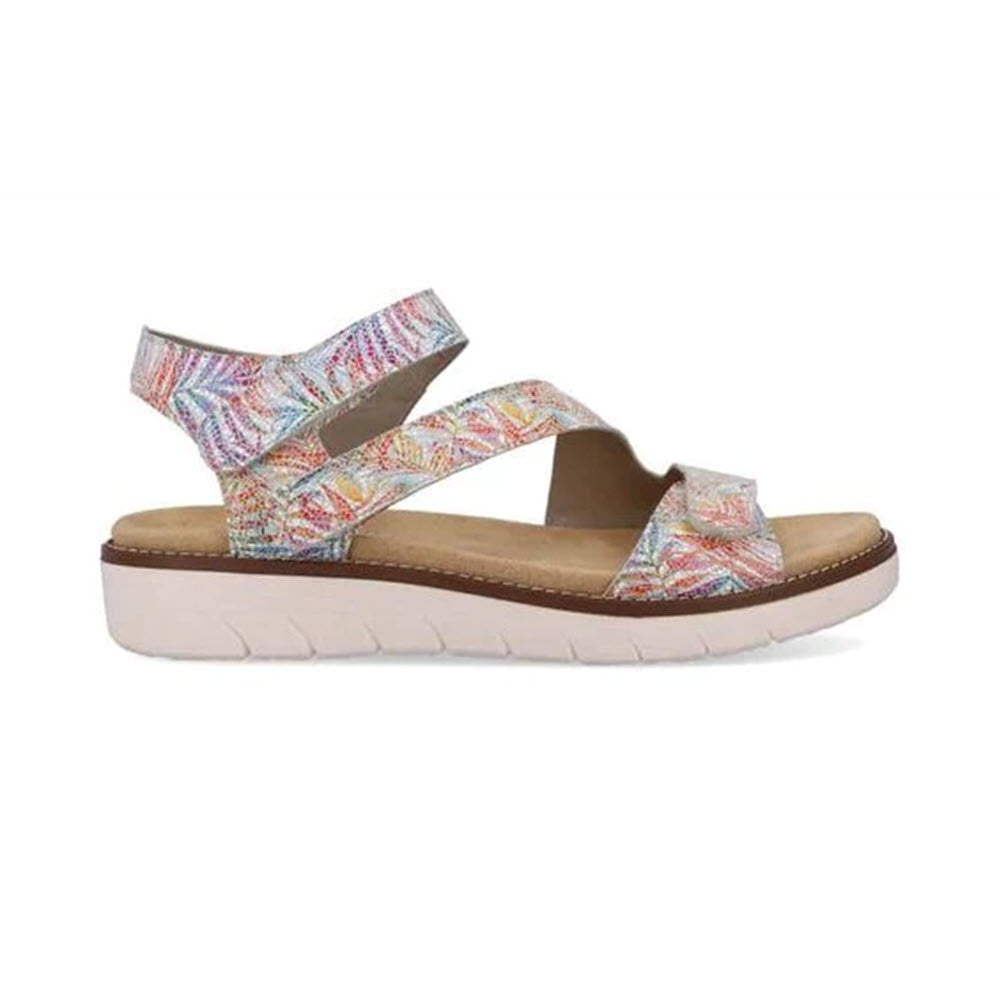 A Remonte Asymmetrical Sandal Floral Multi - Women's with leather straps and a thick, flat sole, displayed against a white background.