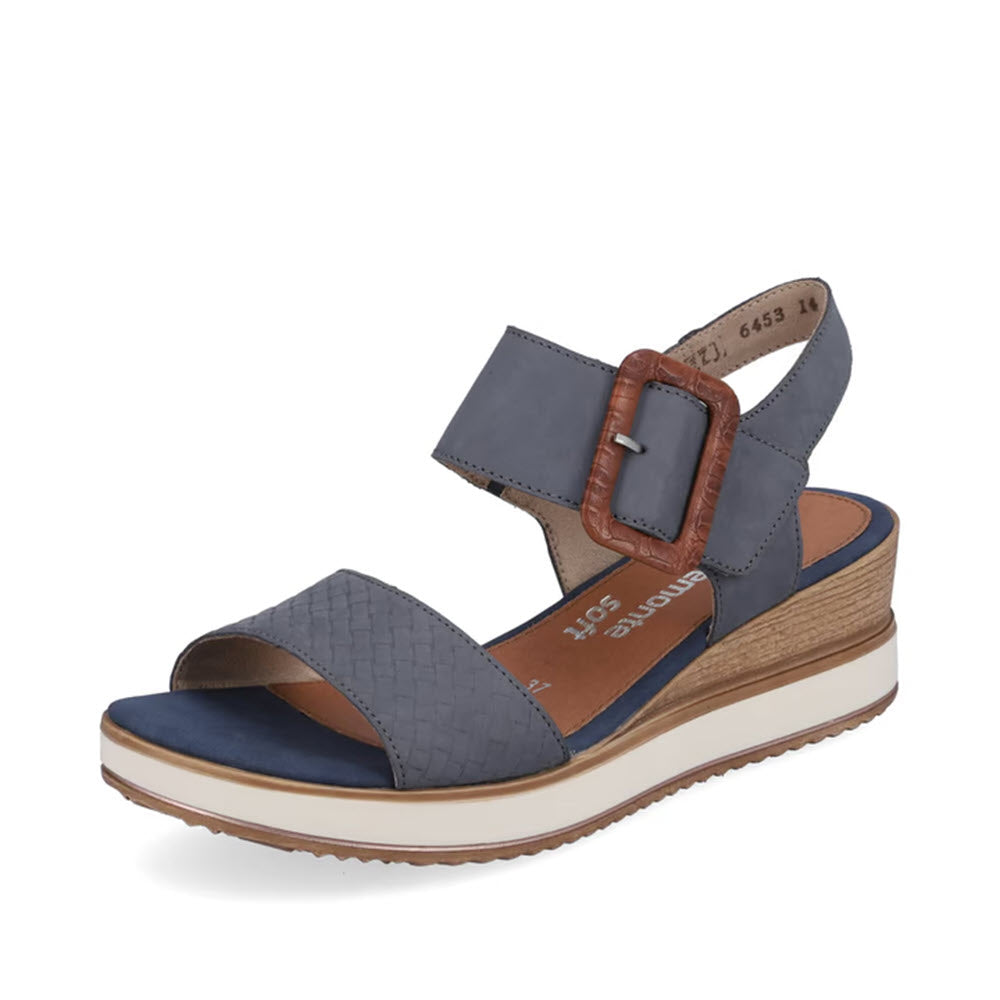 Remonte denim blue and grey wedge sandal with a strap around the ankle and embossed details, displayed against a white background.