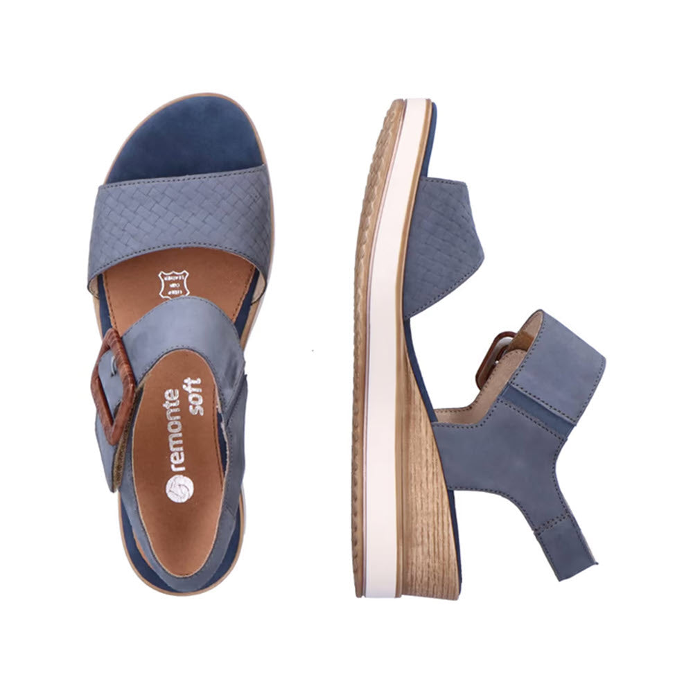 Top and side views of a pair of Remonte denim blue suede women&#39;s sandals with a single strap design and a faux wooden sole.