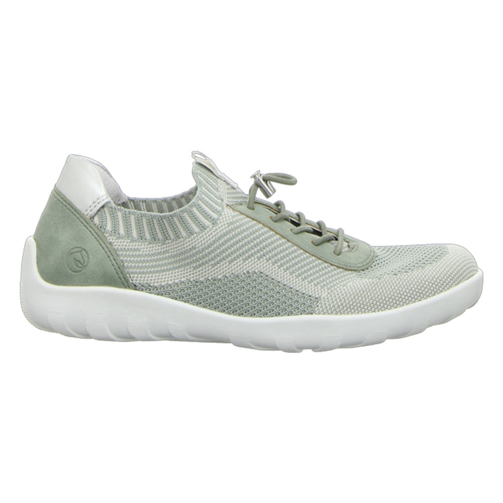 A light gray Remonte Lite & Soft sneaker with a green heel patch and laces, featuring a mesh upper and a white sole.
