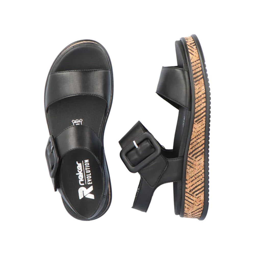 A pair of Revolution sandals with big buckle straps and a textured sole, displayed from top and side views against a white background.