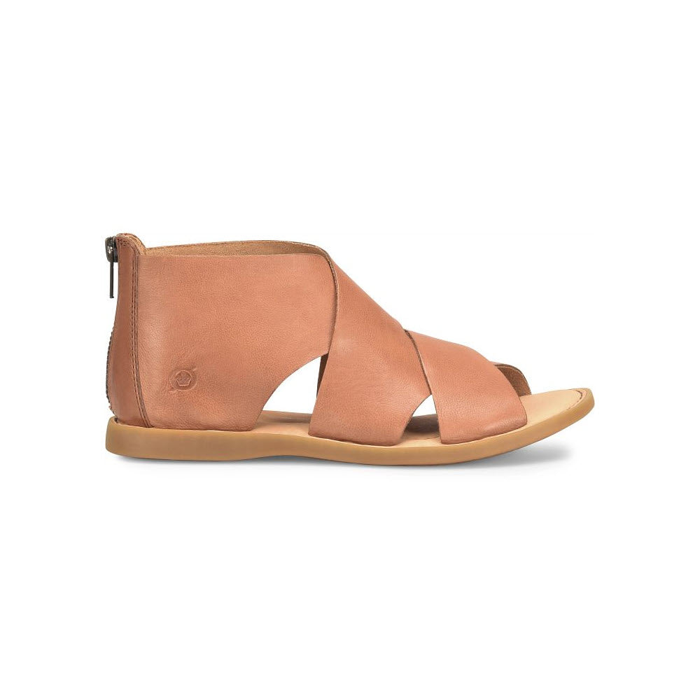 Side view of a tan Born Imani luggage ultra-soft leather sandal with crisscross straps and a back zipper, isolated on a white background.