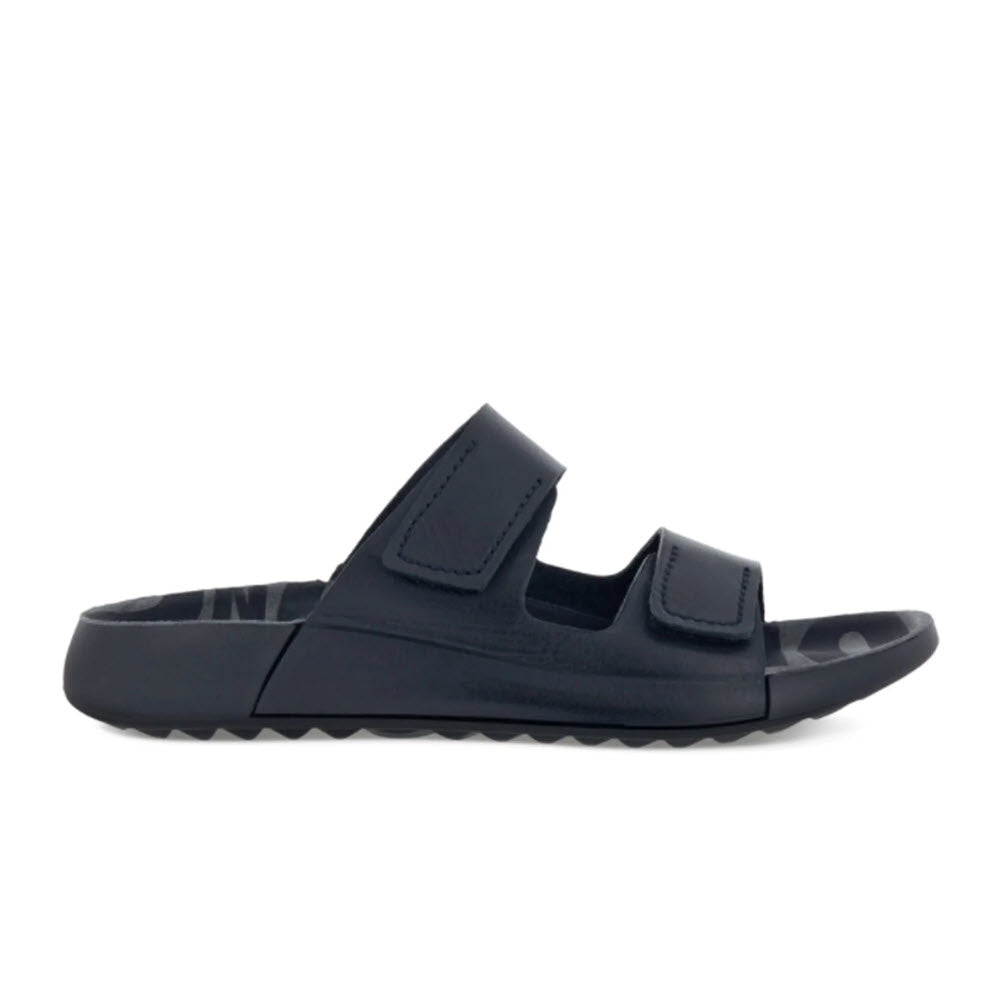 A single navy blue Ecco 2ND COZMO M TWO BAND SLIDE sport sandal with adjustable velcro straps and a logo-branded footbed, isolated on a white background.