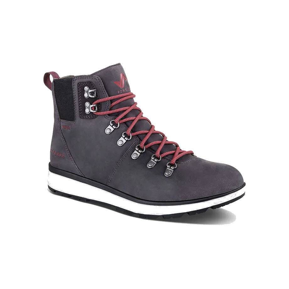 A single Forsake Davos High Gunmetal - Mens boot with red laces and accents, featuring a distinct logo at the collar and a sturdy, contrasting white sole.