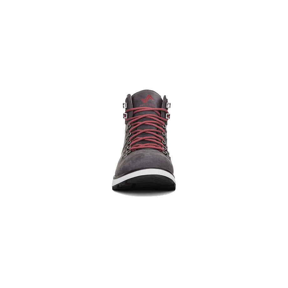Front view of a single Forsake Davos High Gunmetal - Mens leather hiking boot with gray leather, red laces, a rugged sole, and a waterproof breathable membrane.