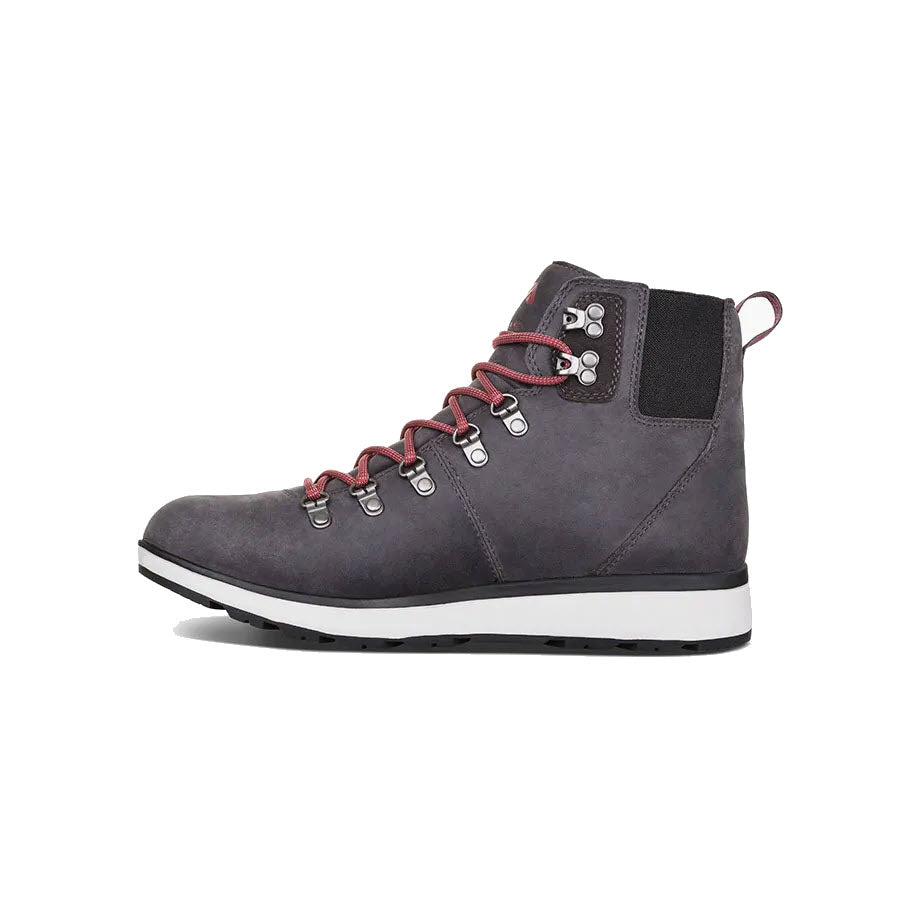 A Forsake Davos High Gunmetal hiking boot with red laces and a white sole, shown from a side angle on a plain white background.