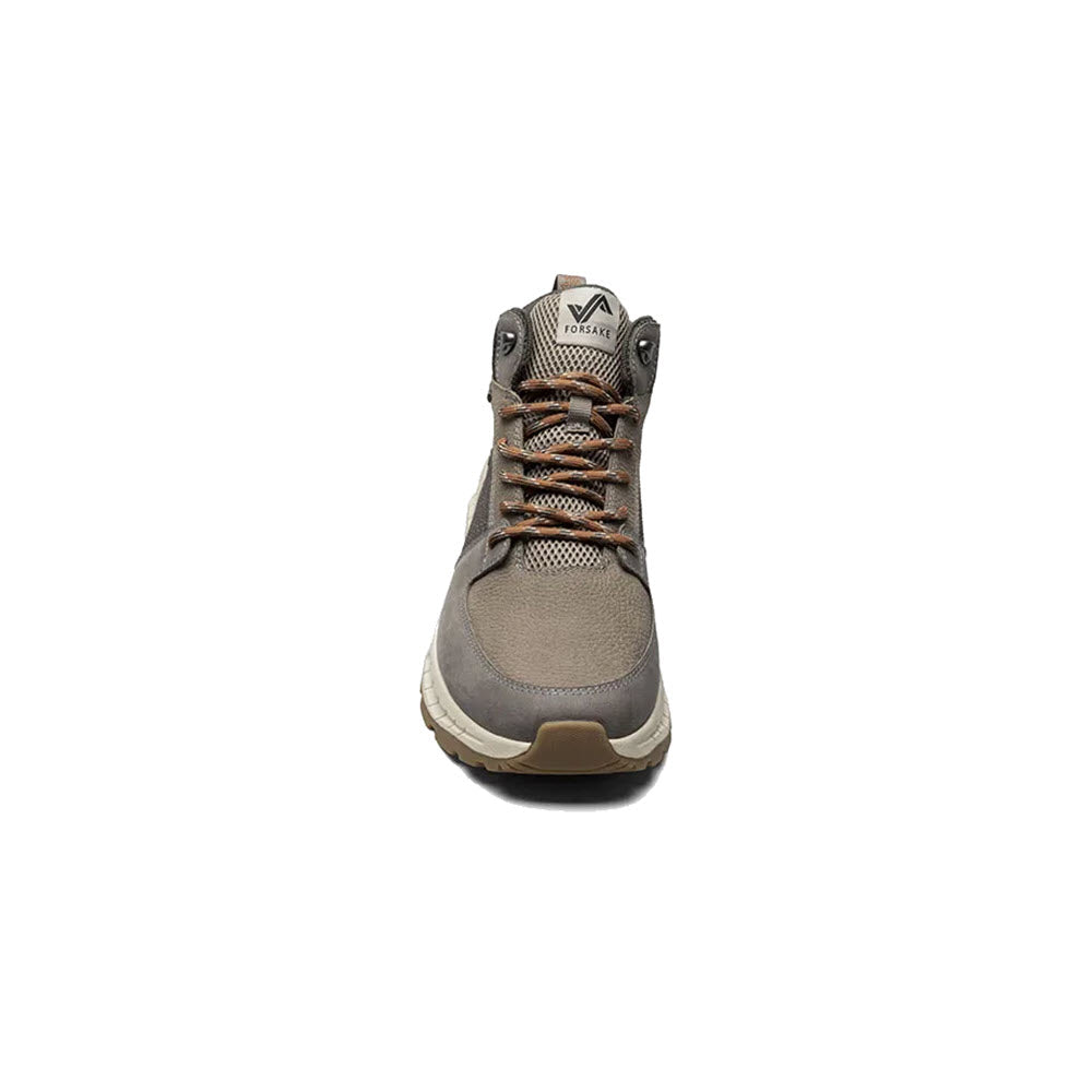 A single Forsake Wild Sky Mid Dark Gray/Gold - Mens hiking boot with aggressive traction and laces, viewed from the front on a white background.