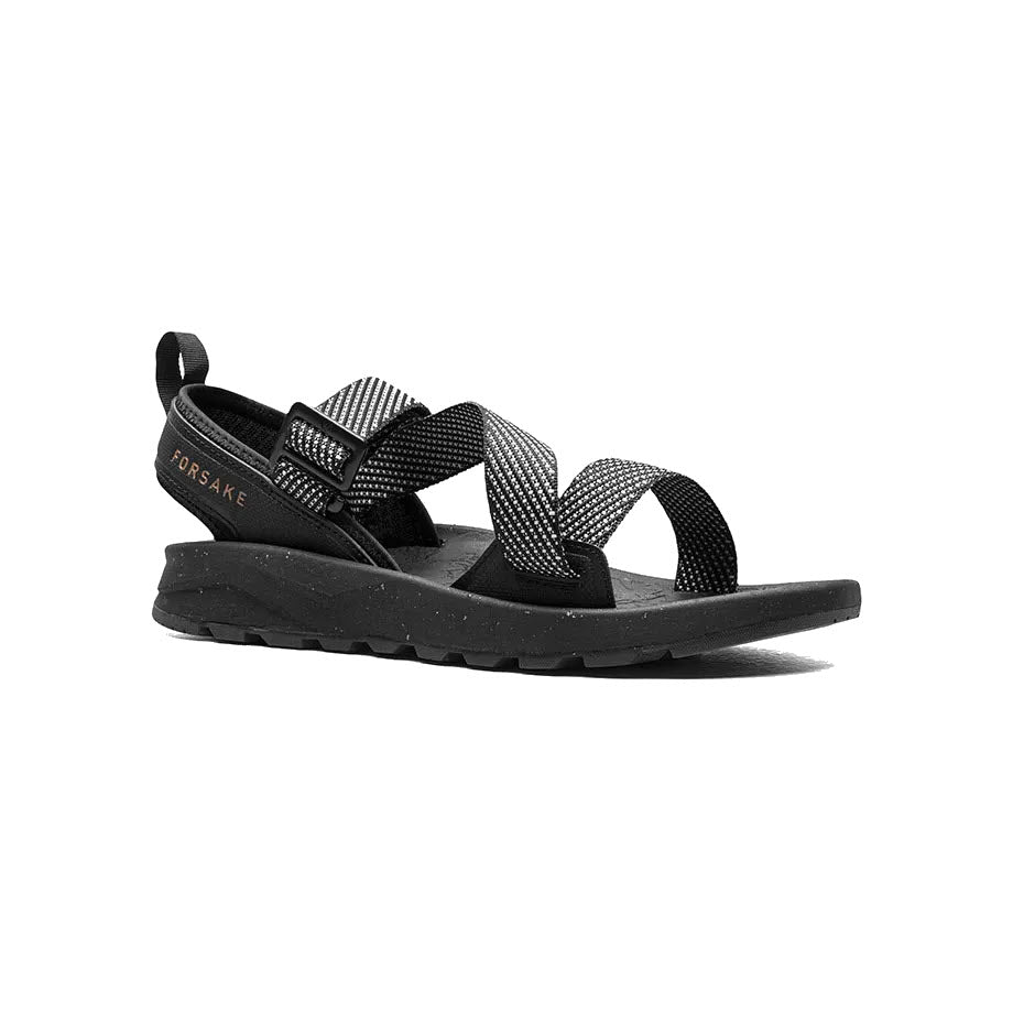 Forsake Rogue Black adventure sandals with crisscross straps and a chunky, recycled EVA sole, isolated on a white background.