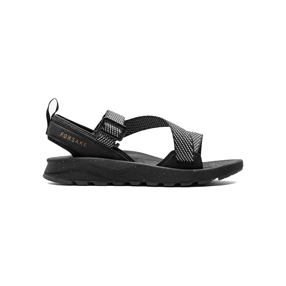 Forsake Rogue Black adventure sandal with adjustable straps and a cushioned sole, isolated on a white background.