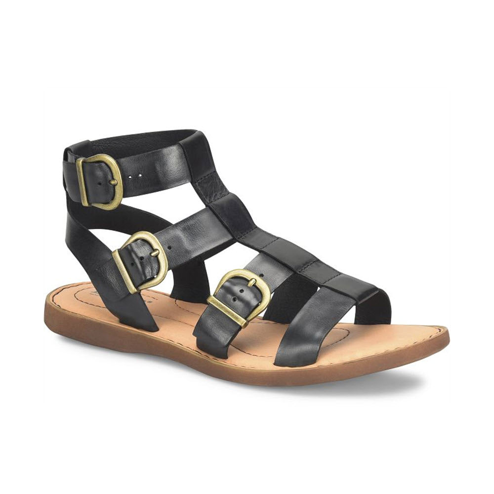 Born black leather gladiator sandal with two buckles and a flat sole, displayed against a white background.
