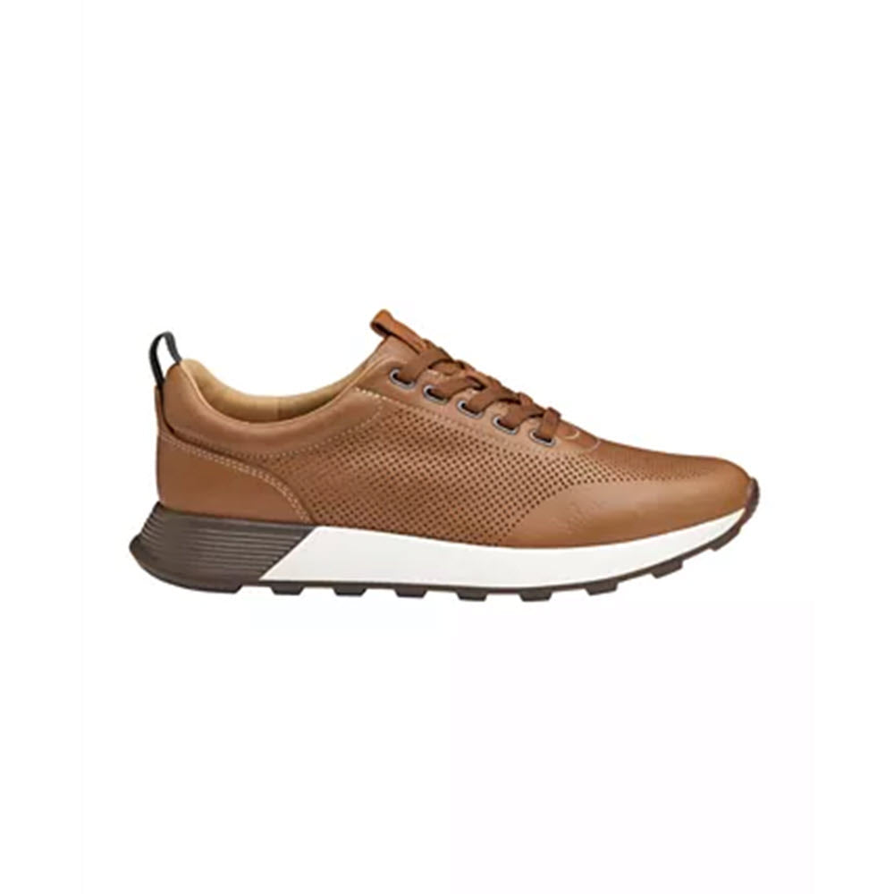 A single Johnston &amp; Murphy Kinnon Perfed Jogger Tan sneaker with white flexible rubber soles and a black back pull tab, isolated on a white background.