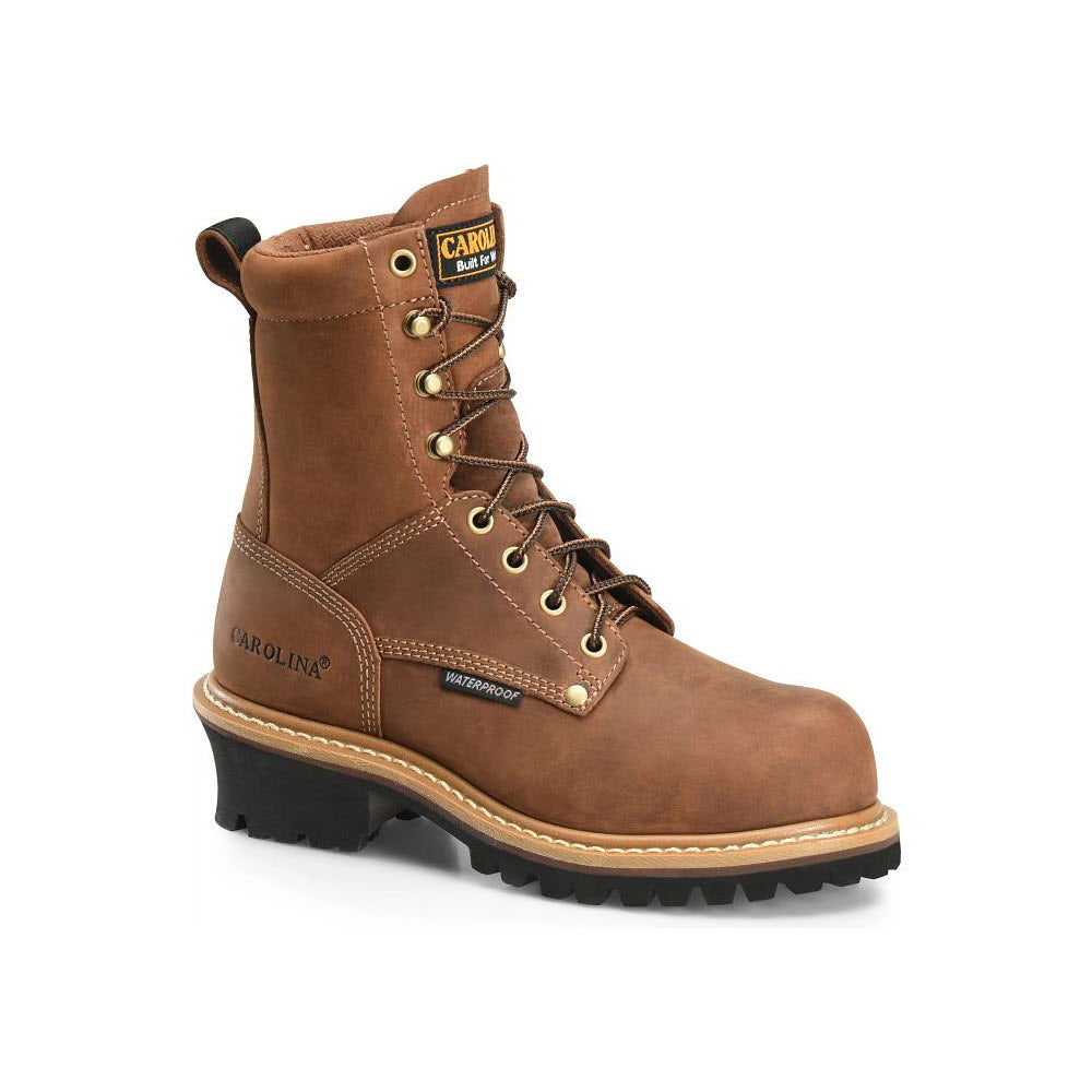 A single brown Carolina women&#39;s logger work boot with lace-up design and waterproof tag on a white background.