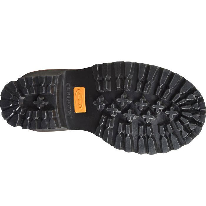 Bottom view of a Carolina shoe sole with multi-directional treads and an orange brand label in the center, featuring an aggressive rubber outsole.