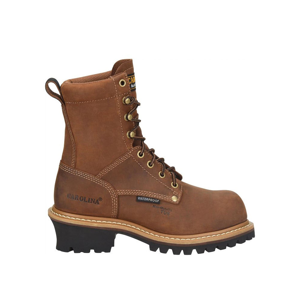 A single brown leather Carolina women&#39;s logger work boot with waterproof labeling and metal lace eyelets on a white background.