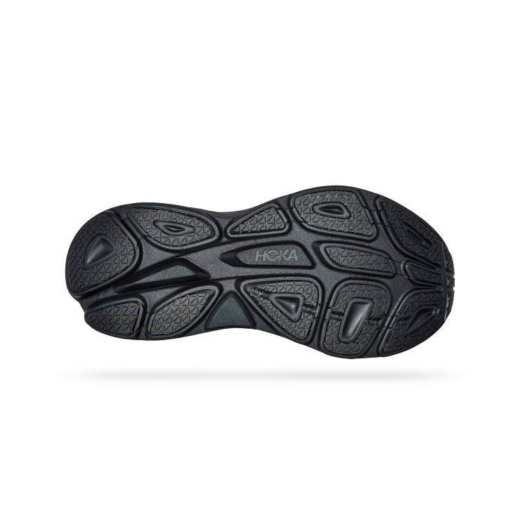 Bottom view of a HOKA BONDI 8 BLACK/BLACK - MENS shoe sole showing the textured pattern and brand logo on a white background.