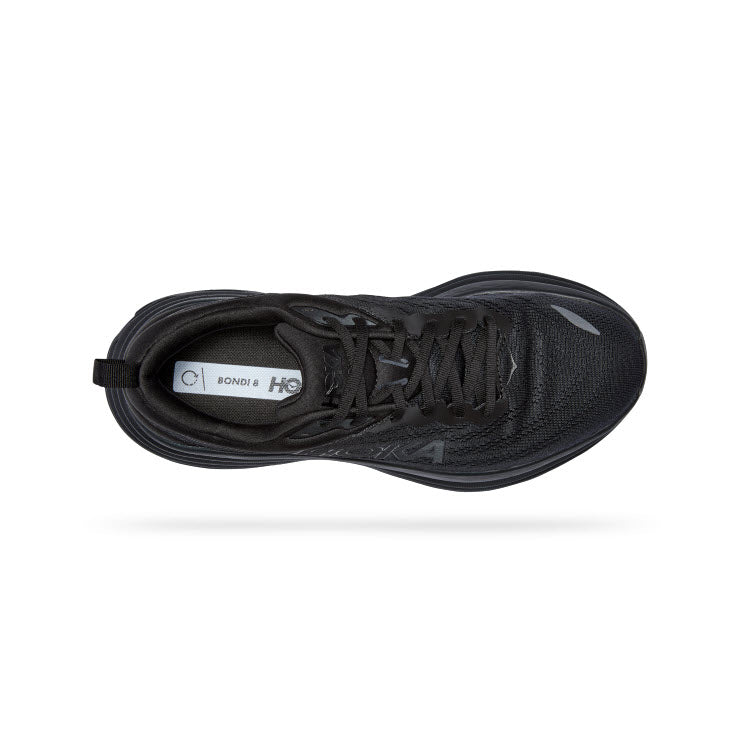 Top view of a black Hoka Bondi 8 running shoe showing laces and branding on the insole.
